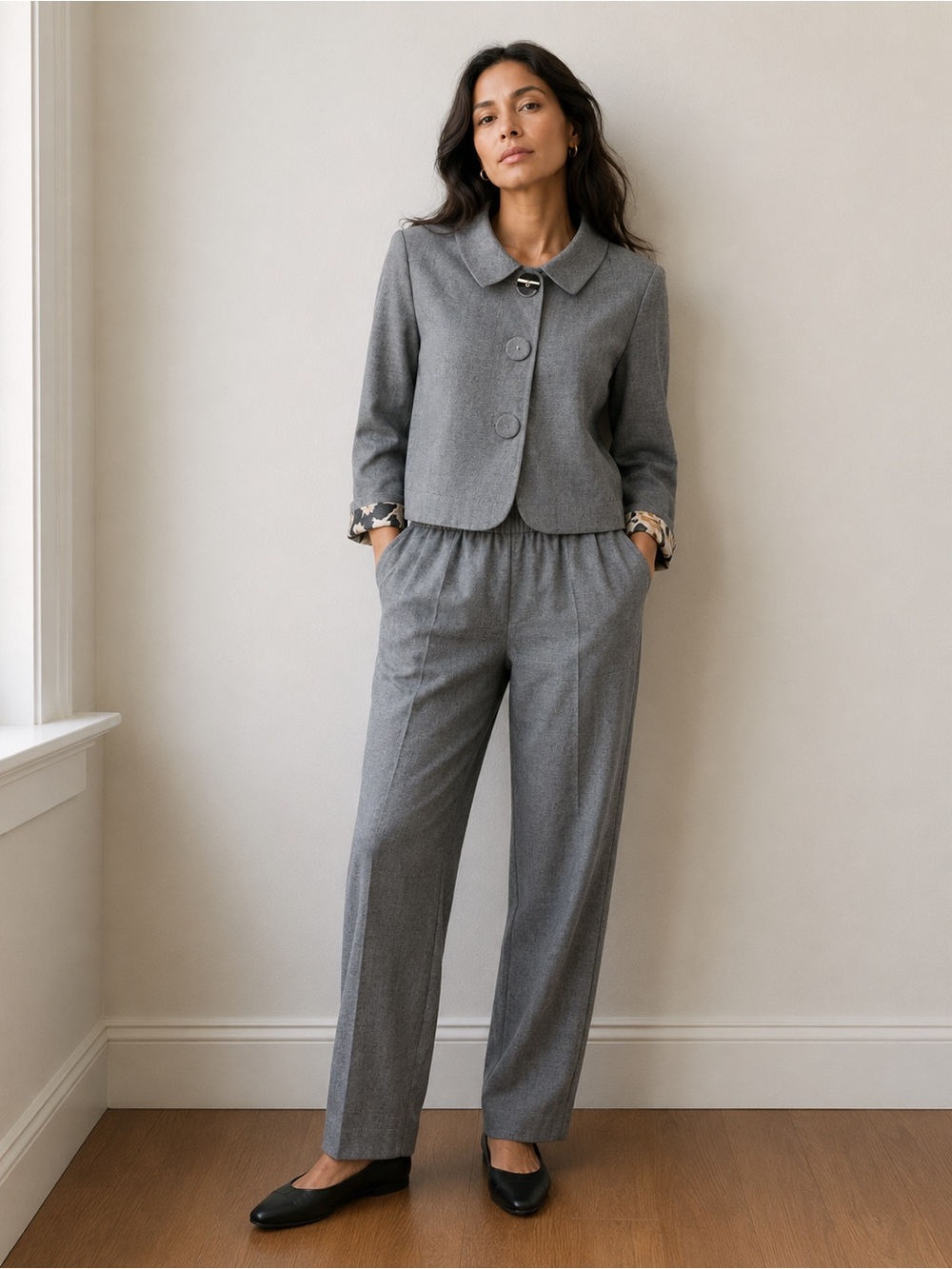 Simona Vignoli Linen Blend Pant Suit | Cropped Jacket & Pull-On Pants | Size 44